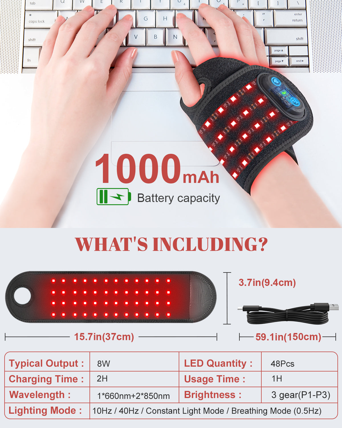 Red Light Therapy Wrist Brace Wireless 48 LEDs Infrared Light with Timer