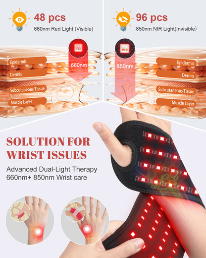 Red Light Therapy Wrist Brace Wireless 48 LEDs Infrared Light with Timer