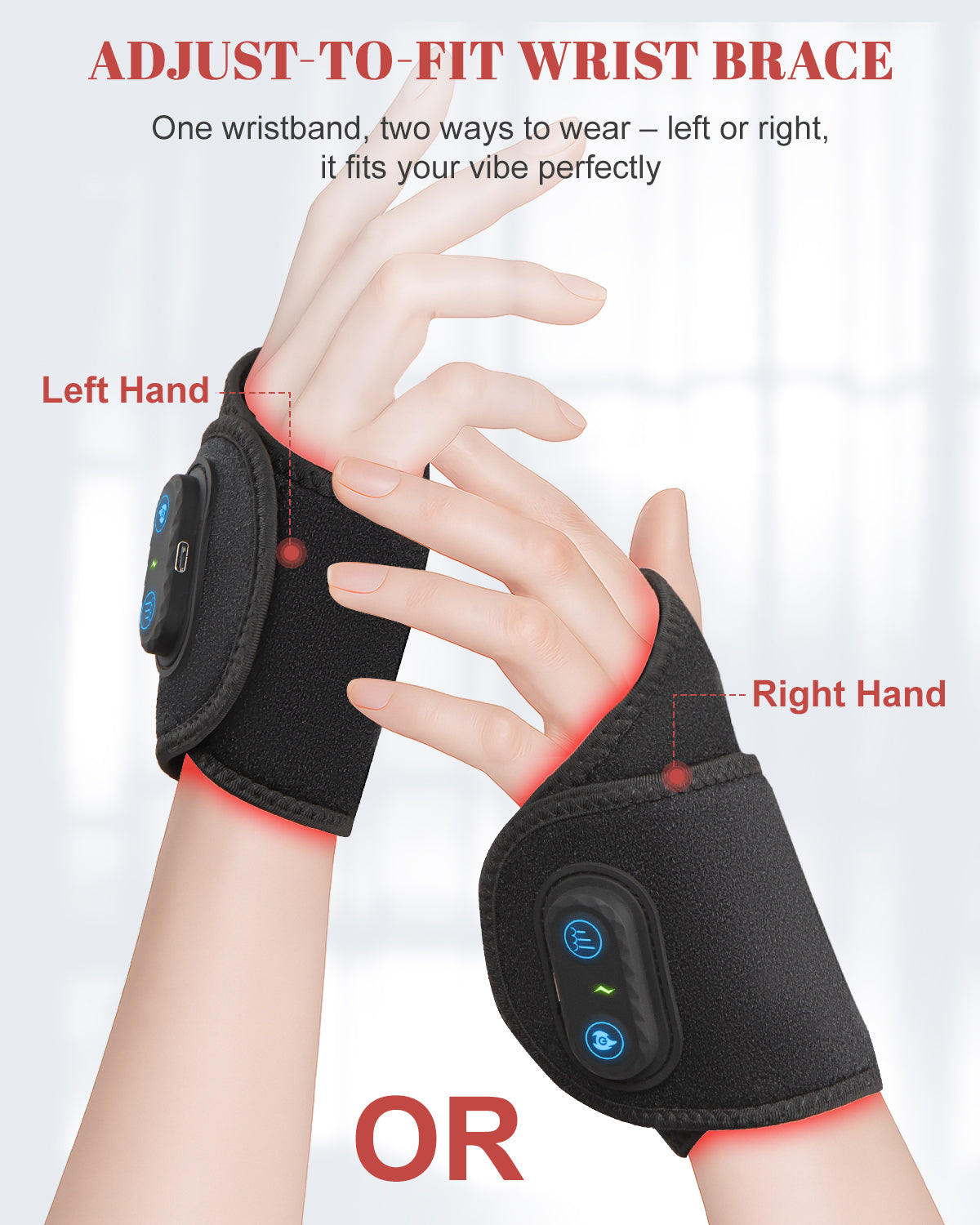 Red Light Therapy Wrist Brace Wireless 48 LEDs Infrared Light with Timer
